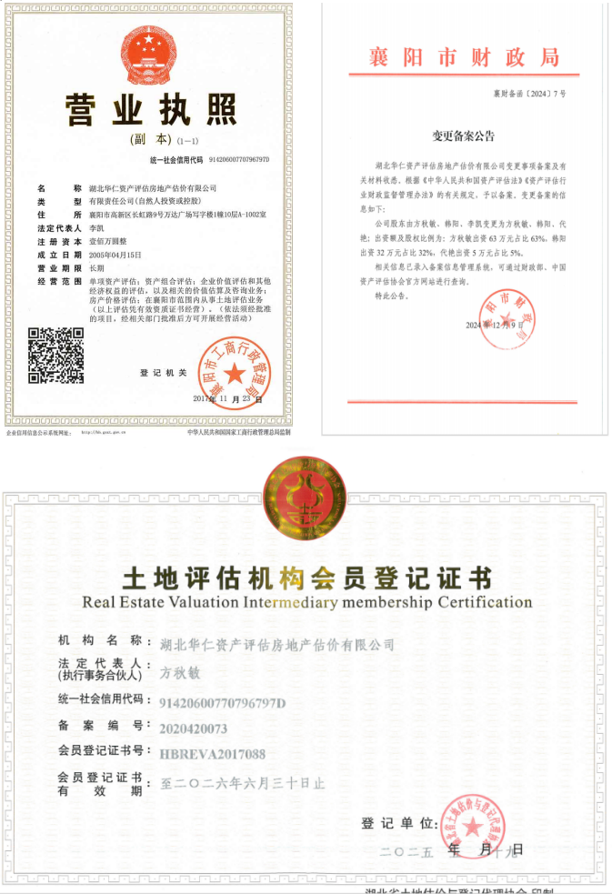 華仁資產(chǎn)評(píng)估房地產(chǎn)估價(jià)有限公司營業(yè)執(zhí)照、資產(chǎn)評(píng)估備案公告、土地評(píng)估機(jī)構(gòu)登記證書